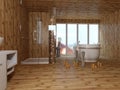 3d rendering of wooden tiles bathroom interior design
