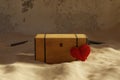 3d rendering of wooden treasure and leaning red heart on sand Royalty Free Stock Photo
