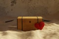 3d rendering of wooden treasure and leaning red heart on sand