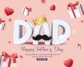 3D Rendering Word Dad With Golden Crown, Red Hearts And Gifts Sale Banner Template Isolated On Red Background, PNG File Add Royalty Free Stock Photo