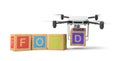 3d rendering of word `FOOD` written with ABC blocks, camera drone putting final `D` at the end isolated on white