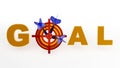 3D rendering of the word GOAL as a target with darts at the center, Successful icon concept