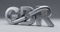 A 3D rendering of the word GRR in broken and shattered metal letters with a shiny metallic finish on a plain grey background, Royalty Free Stock Photo