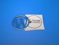 3d rendering of the WordPress and Google AdSense logos against a blue background