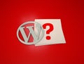 3d rendering of the WordPress Logo and a question mark against a red background