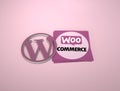 3d rendering of the WordPress Logo and Woo Commerce against a pink background