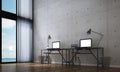3D rendering of work station and work from home interior space design and concrete wall background and sea view Royalty Free Stock Photo