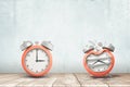 3d rendering of a working silver red alarm clock and a damaged one on white wooden floor and white wall background