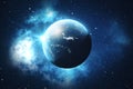 3D Rendering World Globe. Earth Globe with Backdrop Stars and Nebula. Earth, Galaxy and Sun From Space. Blue Sunrise