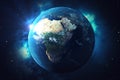 3D Rendering World Globe. Earth Globe with Backdrop Stars and Nebula. Earth, Galaxy and Sun From Space. Blue Sunrise