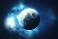 3D Rendering World Globe. Earth Globe with Backdrop Stars and Nebula. Earth, Galaxy and Sun From Space. Blue Sunrise Royalty Free Stock Photo