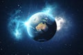 3D Rendering World Globe. Earth Globe with Backdrop Stars and Nebula. Earth, Galaxy and Sun From Space. Blue Sunrise Royalty Free Stock Photo