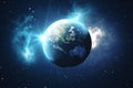 3D Rendering World Globe. Earth Globe with Backdrop Stars and Nebula. Earth, Galaxy and Sun From Space. Blue Sunrise Royalty Free Stock Photo