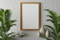 3d rendering of 24 x 36 inch canvas paper with walnut wooden frame hanging on the white brick wall perfect for poster, Royalty Free Stock Photo