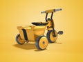 3D rendering yellow childrens tricycle for child isolated on yellow background with shadow