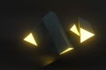 3d rendering, yellow glowing triangle pillar with dark background