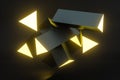 3d rendering, yellow glowing triangle pillar with dark background