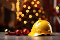 3d rendering of yellow hard hat on bokeh background Royalty Free Stock Photo