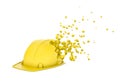 3d rendering of yellow hard hat starting to dissolve into particles and disappear isolated on white background.