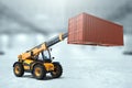 3D rendering, Yellow loader on the background of a large warehouse. The concept of logistics, delivery, transportation, packaging