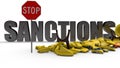 3D rendering of yellow pipeline fragments, red stop sign and iron sanction text. The idea of economic and political confrontation