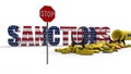 3D rendering of yellow pipeline fragments, stop sign and text with the color of the us flag. The idea of economic and political