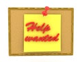 3D Rendering of yellow post it note on cork board with help wanted written on Royalty Free Stock Photo