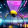 3d rendering of a yellow spider in a dark space with neon lights AI Generated