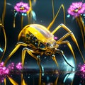 3d rendering of a yellow spider with purple flowers on a black background AI Generated