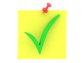 3D Rendering of yellow sticky note with green checkmark on it Royalty Free Stock Photo