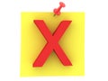 3D Rendering of yellow sticky note with red x sign on it