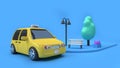3d render yellow taxi eco car and a chair tree lamp on footpath of street,city transportation concept cartoon style