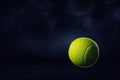 3d rendering of a yellow tennis ball on a dark background.