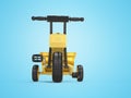 3d rendering of yellow tricycle for child with trunk isolated on blue background with shadow