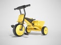 3D rendering yellow tricycle for children on gray background with shadow