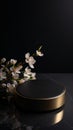 Golden and Black Product Pedestal Display Stage Mock up 3D. Spring Cherry Apple Flower Blossom. Royalty Free Stock Photo