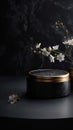 Golden and Black Product Pedestal Display Stage Mock up 3D. Spring Cherry Apple Flower Blossom. Royalty Free Stock Photo
