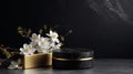 Golden and Black Product Pedestal Display Stage Mock up 3D. Spring Cherry Apple Flower Blossom. Royalty Free Stock Photo