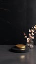 Golden and Black Product Pedestal Display Stage Mock up 3D. Spring Cherry Apple Flower Blossom. Royalty Free Stock Photo