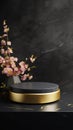 Golden and Black Product Pedestal Display Stage Mock up 3D. Spring Cherry Apple Flower Blossom. Royalty Free Stock Photo