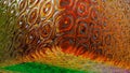 3D renderings. 3D high quality render. Orange and green glass texture. Artistic texture of waves and ornaments on glass. Cristal