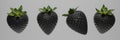 3D renders black strawberries with green leaves isolated on white background. Set of black strawberry on white background. Royalty Free Stock Photo