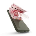 3D rending of Chinese Yuan notes inside a mobile phone