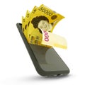 3D rending of South Korean won notes inside a mobile phone