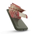3D rending of Tanzanian shilling notes inside a mobile phone