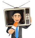 3D Reporter with a vintage television in the head and microphone