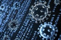 Virus cells on binary code background.