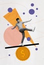 3d retro abstract creative artwork template collage of businessman try keep balance golden dollar coin investment Royalty Free Stock Photo