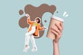 3d retro abstract creative artwork template collage of charming lady dancing arm holding big coffee cup isolated pastel