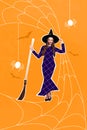 3d retro abstract creative artwork template collage of charming spooky lady wear witch dress holding broom isolated